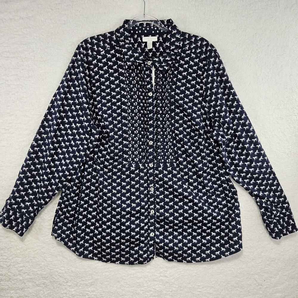 Charters Club Navy Horse Equestrian Pleated Button-Up Western Barn Shirt 20W